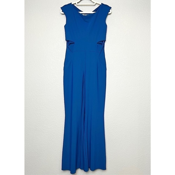 CHIARA BONI Cutout Waist Boatneck Cap Sleeve Flare Leg Fitted Cobalt Jumpsuit 10 - Picture 3 of 7